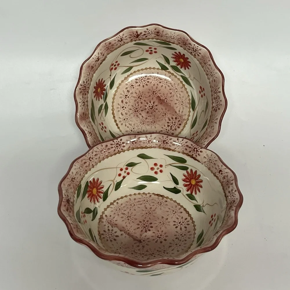 TEMP-TATIONS Heritage Red Old‎ World Floral Stoneware Soup BOWL SET
